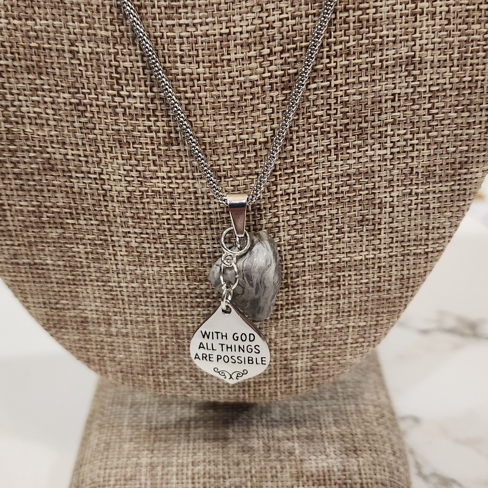 Artisan Religious Grey Jasper Gemstone Handmade Stainless Necklace 18" ✝️